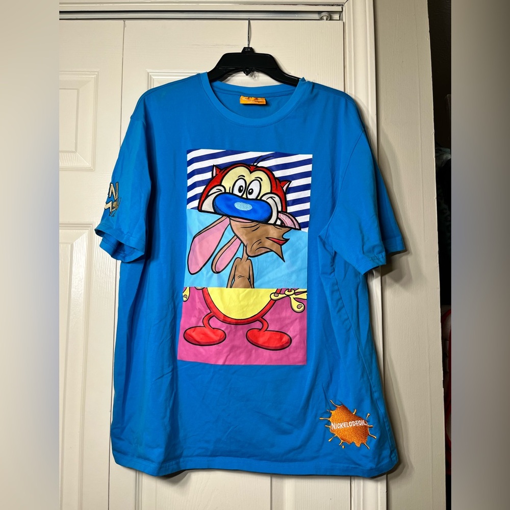 Ren and Stimpy Blue T Shirt Men's Official Nickelodeon Embroidered Size XXL